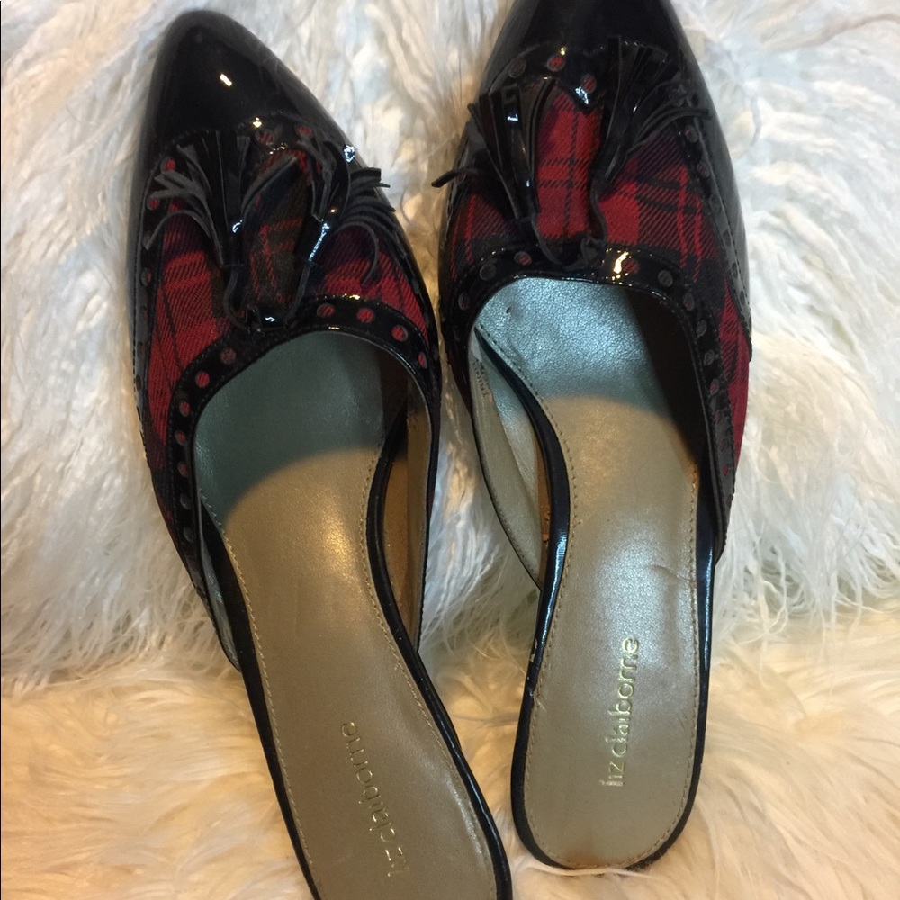 Liz Claiborne Holiday plaid patent leather mules